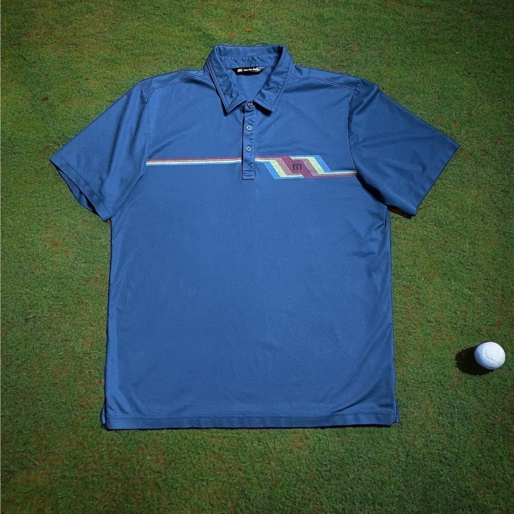 Travis Mathew Polo Golf Shirt Mens Navy Rainbow Stripe Size XL